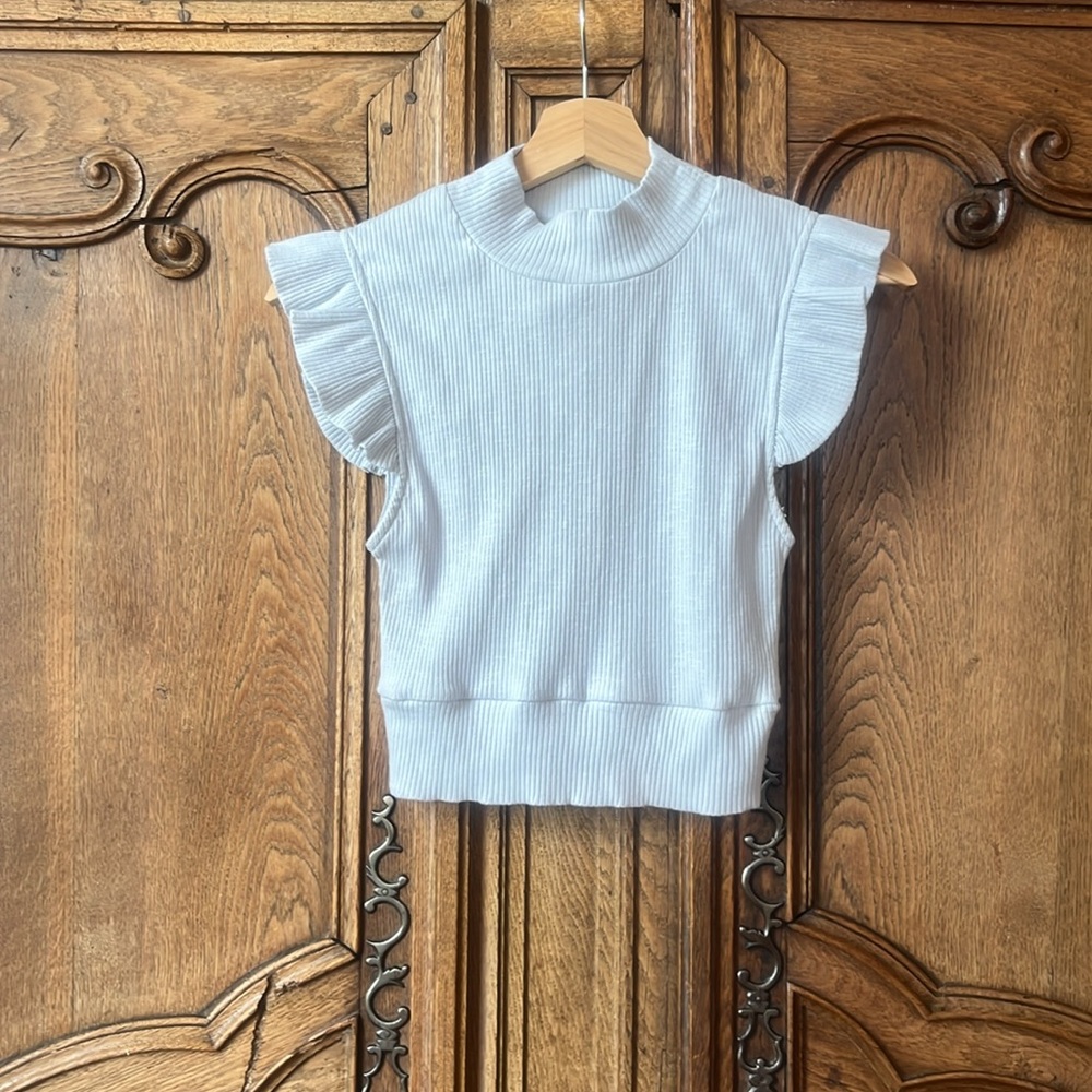 Storia Ribbed Ruffle Sleeve Cropped Top Sz S - Picture 6 of 12